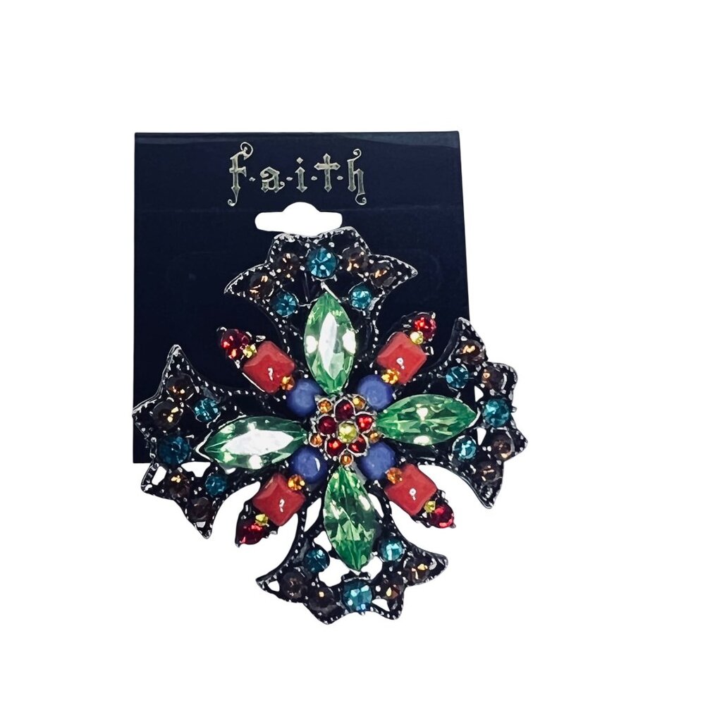 Faith Silver Tone W/ Multicolored Rhinestones Collar Clip With Hook Clasp (6205)